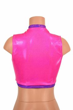 "This item is made to order, please read all the way through the listing before purchasing! This crop top is made from four way stretch spandex in uv glow pink sparkly jewel fabric Grape Holographic fabric accents around the middle opening, neckline, and hemline. It features a keyhole design in front, with a high back, and fits like a glove! TOP LENGTH: Underarm to hemline measures 8\" Womens Sizing (See below for instructions on where measurements should be taken) XXS: Bust 29\"-30\" / Waist 22 Pink Fitted Sleeveless Vest, Pink High Stretch Sleeveless Top, High Stretch Pink Sleeveless Top, Pink Fitted Crop Top For Club, Stretch Sleeveless Rave Tops, Sleeveless Stretch Rave Tops, High Stretch Sleeveless Pink Top, Pink High Stretch Racerback Tank Top, High Stretch Pink Racerback Tank Top