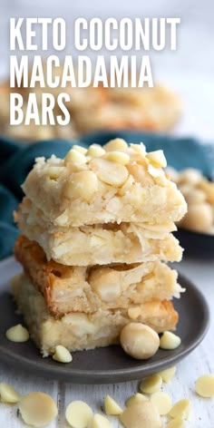 three pieces of keto coconut macadamia bars stacked on top of each other