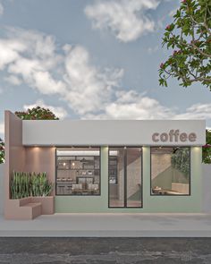 a coffee shop with potted plants in the front and side windows that say coffee