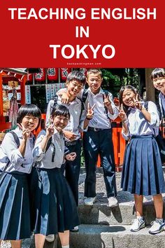 there is a group of children posing for a photo in front of the words teaching english in tokyo