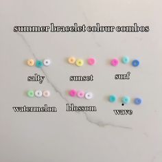 the words summer bracelet - color combos are written in different colors and sizes on a white surface