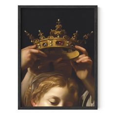 a painting of a boy holding a crown over his head, with the other hand on top of him