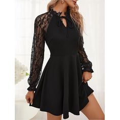 Season:Fall,Spring; Fabric:Polyester; Sleeve Length:Long Sleeve; Look After Me:Wash separately,Wash with similar colours,Wash inside out; Gender:Women's; Style:Gothic,Elegant,Elegant Dress; Elasticity:Micro-elastic; Occasion:Holiday,Daily; Fit Type:Regular Fit; Dresses Type:Black Dress; Pattern:Plain; Design:Lace,Patchwork; Neckline:V Neck; Front page:FF; Listing Date:08/30/2024; Production mode:External procurement; Dress Length Type:Mini Dress; Print Type:non-printing Elegant Black Non-stretch Mini Dress, Elegant Non-stretch Black Mini Dress, Black Stretch Dress With Lace Patchwork, Black Mini Dress With Lace Patchwork For Night Out, Elegant Lace Patchwork Dress, Elegant Non-stretch Dresses With Lace Patchwork, Elegant Black Mini Dress With Lace Patchwork, Black Lace Trim Dress For Fall, Black Lace Patchwork Mini Dress For Fall