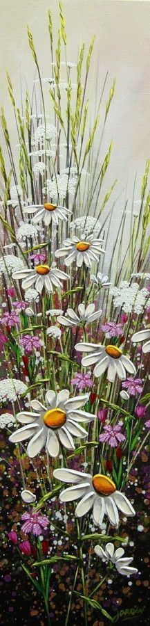 a painting of white daisies and purple flowers