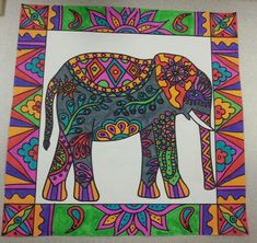 an elephant is painted in bright colors on a white background with colorful patterns and designs