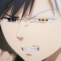 an anime character with black hair and yellow eyes looks at the camera while staring straight ahead