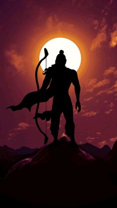 the silhouette of a man with an arrow and bow on top of a hill