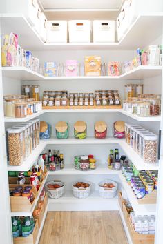 an organized pantry with lots of food and snacks on shelves, including breads, cereals, nuts, and other items