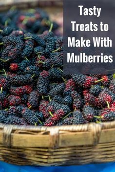 a basket full of blackberries with the words tasty treats to make with mulbberries