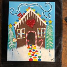 Gingerbread house painting on 11” x 14” canvass Gingerbread House Painting, White Gingerbread House, Easy Gingerbread House, Children Painting, Winter Art Projects, Cute Canvas Paintings