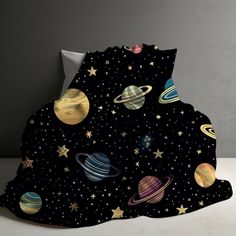 an image of a blanket with planets and saturns on it in the night sky