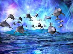 a group of dolphins swimming in the ocean under a blue sky with stars and clouds