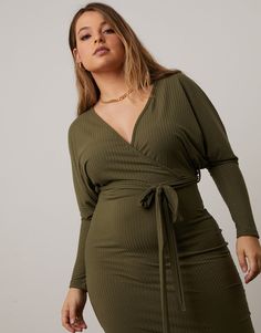 Plus Size Surplice Knit Dress – 2020AVE Dresses Materials, Dress Olive Green, Staple Dress, Olive Green Dresses, Style Goals, Long Sleeve Wrap Dress, Green Dresses, Ribbed Knit Dress, Dress With Long Sleeves