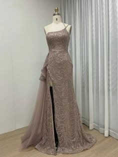 Pink Luxury One-Shoulder Mermaid Evening Dress - High Slit with Side Train and Beaded Spaghetti Straps for Prom and Formal Parties Dress With Side Train, Mermaid High, Pink Luxury, Formal Parties, Mermaid Silhouette, Mermaid Evening Dresses, Evening Formal, Prom Party, Party Gowns