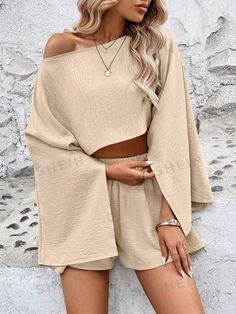 Sleeve Type:Batwing Sleeve \nStyle:Casual \nDetails:Asymmetrical \nNeckline:Boat Neck \nColor:Apricot \nPattern Type:Plain \nTop Type:Women Tops \nBottom Type:Shorts \nTemperature:Spring/Fall (18-25℃/63-77℉) \nFit Type:Loose \nFabric:Non-Stretch \nCare Instructions:Machine wash or professional dry clean \nSheer:No \n Beige Outfit, Crop Top And Shorts, Outfit Women, Shoulder Crop Top, Casual Sets, Casual Everyday, Batwing Sleeve, Women Tops, Two Piece Outfit