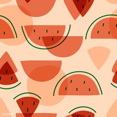 slices of watermelon are arranged on a peach - colored background with green lines