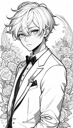 an anime character in a suit and tie with flowers behind him on a white background