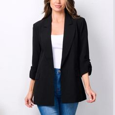 Throw this versatile black blazer on any top to polish your look for any in-person or online meetings and after-work parties. The 3/4 sleeves make it cool enough to wear on warm summer days. DETAILS Material: 98% Polyester 2% Spandex Lining: 100% Polyester. Design: 3/4 sleeves, no front closure, with lining Color: brown SIZE GUIDE S - 33-34" bust, 27-28" waist, 35-36" hips M - 35-36" bust, 29-30" waist, 37-38" hips L - 36-38" bust, 31-32" waist, 39-40" hips STYLE SUGGESTIONS 👉🏼 Go for an eleva Professional Black Long Sleeve Blazer, Professional Black Blazer For Fall, Elegant Formal Blazer With 3/4 Sleeves, Elegant 3/4 Sleeve Blazer For Formal Occasions, Black Professional Outerwear For Office, Professional Black Outerwear For Office, Black Blazer With Lapel Collar For Career, Black Lapel Collar Blazer For Career, Black 3/4 Sleeve Blazer For Spring