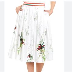 This Ted Baker Tutti-Frutti Skirt Is Fully Lined. It’s A Full Skirt With A Striped Waist Band And Artfully Placed Birds. Nwt Size 1 -Which Is Equivalent To A 46 In Us Size Length 29” Waist 11” ( It’s Elastic & Accommodate 16 Inches Wide. I Usually Wear A Size 6 & 29 In Pants And It Fits Me) Smoke-Free Fragrance Free House Cover Photo Is Stock There Is One Tiny Mark On The Last Photo Next To The Tag . Casual White Skirt For Garden Party, Casual Full Skirt For Garden Party, Casual Flared Skirt For Garden Party, White Lined Skirt For Garden Party, White Pleated Skirt For Garden Party, White Midi Skirt For Garden Party, Handkerchief Hem Skirt, Brown Leather Skirt, Asymmetrical Midi Skirt