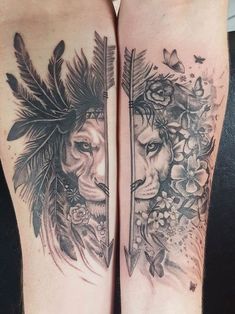 two people with tattoos on their legs, one has a lion and the other is a bird