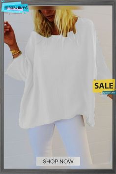 Casual 3/4 Sleeve Round Neck Top Solid Color Half Sleeve Tops For Spring, Spring Solid Color Half Sleeve Tops, Solid 3/4 Sleeve Blouse For Summer, Summer Blouse With 3/4 Sleeve In Solid Color, Oversized White Solid Color Blouse, Oversized Half Sleeve Blouse For Fall, Oversized Half-sleeve Blouse For Fall, White Casual Blouse With 3/4 Sleeves, Casual White Blouse With 3/4 Sleeves