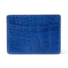 Our luxe classic credit card case wallet expertly crafted in a cool cobalto blue genuine American alligator leather. Features front and back dual credit card slots and a discreet interior calfskin lined center pocket. The slim rectangular design is an elegant choice to safeguard your essential cards and bank notes. Genuine American alligator Vibrant cobalto blue color Matte alligator leather 4 exterior card slots; calfskin lined center pocket Rounded and polished edges Size: 4" L. x 3" H. Foil e Classic Blue Wallets With Card Slots, Classic Blue Wallet With Card Slots, Blue Bifold Card Holder For Formal Occasions, Designer Crocodile Pattern Wallet, Designer Crocodile Pattern Rectangular Wallet, Formal Blue Bifold Card Holder, Blue Rectangular Card Holder With Coin Pocket, Blue Business Card Holder With Interior Slots, Business Blue Card Holder With Interior Slots