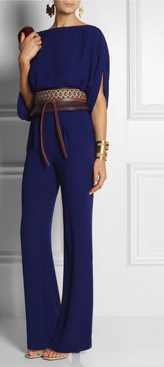 Diane von Furstenberg's FW13 Collection is a Celebration of '70s Style. This Purple and Tan Leather Obi belt is Embroidered to striking effect. Shown here with| Hervé Van der Straeten Earrings and Cuff, Diane von Furstenberg Jumpsuit, Givenchy shoes, Diane von Furstenberg Clutch.♥. ✤♠ ✤♠ I WANT IT ALL Mode Ab 50, Casual Chique Stijl, Mode Casual, فستان سهرة, Moda Vintage, 70s Fashion, Von Furstenberg, Diane Von