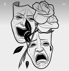 a black and white drawing of two masks with roses on their faces, one has a rose in it's mouth