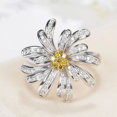 HX Jewelry: Yellow and White Diamond Blossom Flower Ring in Solid 18k 2-Tone Gold/Custom Fine Jewelry/Personalization Design/Gift for Women and Girls < I T E M ∙ S P E C I F I C A T I O N S > * Metal Type: Solid 18k Gold (14k/9k Gold or Platinum available upon request) * Metal Color: 18k Two Tone Gold * Diamond Type: Genuine, Natural, 100% Conflict Free Diamonds * Diamond Color: F-G/Fancy Yellow * Diamond Clarity: VS/SI * Yellow Diamonds: In total about 0.13 carats * White Diamonds: In tot Flower Jewelry Designs, Colored Diamond Jewelry, Unicorn Pendant, Fancy Yellow Diamond, Diamond Flower, Blossom Flower, Yellow Diamond, Flower Ring, Gorgeous Necklaces