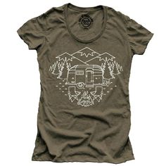 Green Screen Print Top For Adventure, Green Crew Neck Top For Adventure, Outdoor Graphic Tee With Screen Print, Green Summer Adventure Top, Green Graphic Tee For Hiking, Relaxed Fit Screen Print Tops For Outdoor Activities, Green Crew Neck Top For Camping, Green Cotton Tops For Camping, Green Short Sleeve Top For Camping