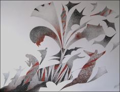 an abstract painting with red and gray leaves on white paper, in the middle of it