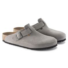 Boston Nubuck Leather Whale Gray | BIRKENSTOCK Birkenstock Styles, Two Strap Sandals, Birkenstock Black, Platform Clogs, Men Suede, Boston Clog, Birkenstock Boston, Shoe Insoles, Girls Sandals