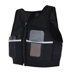 a black vest with pockets and zippers on the front, attached to a white background