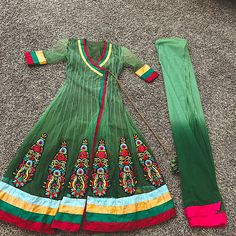 Brand New Without Tags. Beautiful 3 Shade Embroidery. Rough Measurements: Bust:30 Inch Waist:26inch Hips:29inch With A Quarter Net Sleeves. Would Fit Similar To A S Or M Multicolor Fitted Churidar With Traditional Drape, Anarkali Green Churidar With Self Design, Festive Multicolor Fitted Churidar, Fitted Multicolor Anarkali Set With Dabka Work, Traditional Multicolor Churidar With Sheer Dupatta, Bollywood Style Green Churidar With Self Design, Bollywood Green Anarkali Set With Self Design, Green Bollywood Churidar With Self Design, Bollywood Green Self-design Churidar