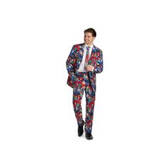 Dare to be different. Make a stylish statement with this men's OppoSuits novelty suit and its eye-catching pattern. Includes: suit jacket, pants & matching tie Jacket: padded shoulders, notched lapels, 2-button front, 5-pocket, long sleeves, regular-length jacket fits those between 5'8" and 5'11" tall Pants: flat front, 4 pockets, zipper fly with hook & button closure, 9.8-inch front rise, 13.75-inch leg opening, 33.5-inch inseam Extra length for tailoringFIT & SIZING Slim fit features high arm Fitted Multicolor Suits For Party, Multicolor Fitted Suits For Formal Occasions, Multicolor Fitted Formal Suits, Fitted Patterned Set With All Over Print, Fitted Patterned Sets With All Over Print, Patterned Fitted Sets With All Over Print, Suit Tie, Batman Superman, Jacket Fits