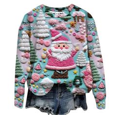 a sweater with an image of santa clause on the front and pink, green, white and