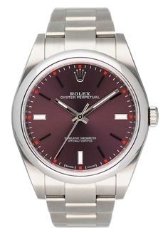 Rolex Oyster Perpetual 114300 Red Grape Dial Mens Watch Box Papers TOP BRANDS Rolex Audemars Piguet Omega Patek Philippe Cartier Breitling All Rolex Oyster Perpetual 114300 Mens Watch. 39mm stainless steel case. Stainless steel smoothed bezel. Red grape dial with steel hands and index hour markers. Stainless steel Oyster bracelet with fold over clasp. Will fit up to a 6.75-inch wrist. Sapphire crystal. Stainless steel case back. Automatic self-winding movement. This watch comes with original Box and Papers. This watch is backed by our two year warranty Phigora Guarantee Two Years Warranty Free Shipping & Returns Specifications SKU R0731239161SF Model Oyster Perpetual Gender Men Watch Style Luxury Shape Round Case Material Stainless Steel Movement Automatic Condition Automatic Dial Color Re Red Analog Display Watch Accessories As Gift, Classic Red Analog Watch, Classic Red Chronograph Watch, Classic Red Chronograph Watch Accessories, Automatic Red Watch Accessories For Gifts, Classic Red Watch As A Gift, Red Automatic Watch For Gift, Classic Red Watch As Gift, Red Automatic Watch Accessories For Gifts