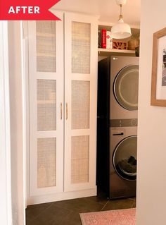 a washer and dryer sitting in a room next to each other with the door open