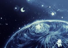 an artistic painting of the earth with stars and moon