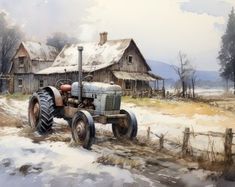 a painting of an old farm tractor in front of a barn with snow on the ground