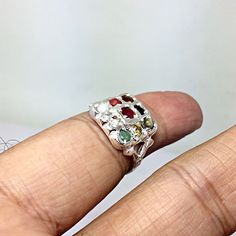 Genuine 925 Sterling Silver Navratan Ring Gemstone - Ruby , Emerald , Blue Sapphire, Yellow Sapphire, Hessonite, Cats Eye, Coral, Pearl, Cubic Zircona. Ring Size - QTY - 1 piece in this listing. The navratna or nine gems influencing the nine planets are: Ruby = Sun , Pearl = Moon, Red Coral = Mars, Emerald = Mercury, Yellow Sapphire = Jupiter, zircon = Venus, Blue Sapphire = Saturn, Hessonite = Rahu , Cat''s Eye = Ketu . Silver Crystal Ring With Accent Stones For Jewelry Making, Multi-stone Sterling Silver Crystal Ring, Spiritual Silver Multi-stone Gemstones, Sterling Silver Crystal Ring With Stones And Open Design, Open Birthstone Ring With Gemstone In Sterling Silver, Silver Multi-stone Spiritual Rings, Silver Gemstones For Promise Ring, Sterling Silver Multi-stone Crystal Ring, Sterling Silver Multi-stone Open Ring