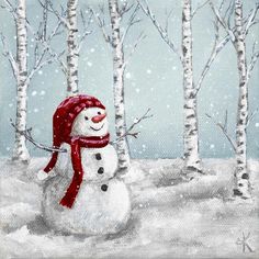 a painting of a snowman in the woods