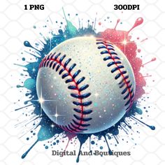 a baseball ball with paint splatters on it and the words digital and boutiques