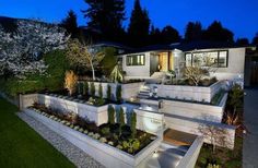 a modern home with landscaping at night