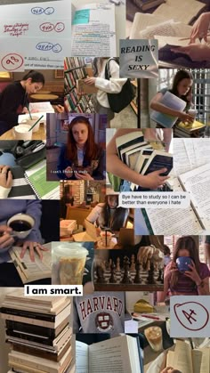 collage of photos with people and books