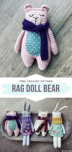 crocheted stuffed animals are sitting on a skateboard with text overlay that says free crochet pattern rag doll bear