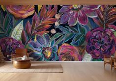 an artistic floral wall mural in a living room