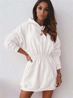 Oversized Hoodie Dress | Long sleeve dress with hoodie: women's long sleeve dress hoodie dress is perfect for spring, fall, winter. wear it with your favorite high heels or boots, flats and enjoy your cool summer days. Long Hoodie Dress, Oversized Hoodie Dress, Womens Sweatshirts Fashion, Long Sleeve Casual Dress, Cooler Look, Solid Color Dress, Sleeves Clothing, Sport Dress, Winter Mode