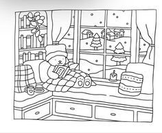 a black and white drawing of a teddy bear sitting on a window sill in front of a christmas tree