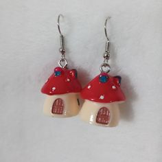 Red Mushroom House Earrings Fun Red Adjustable Earrings, Whimsical Red Drop Earrings, Red Mushroom Design Earrings Gift, Mushroom Outfit, House Earrings, Cream Earrings, Red Mushroom, Red Jewel, Mushroom House